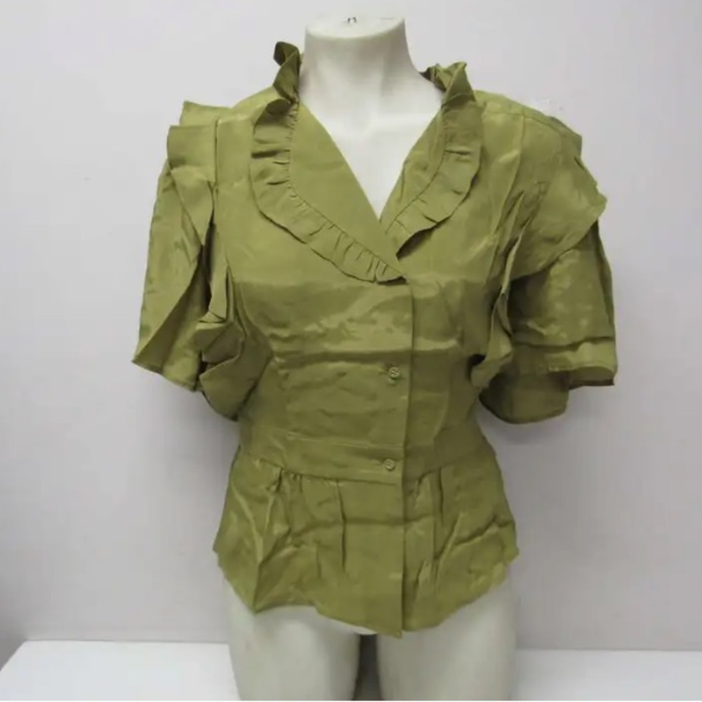 NWT MAGALI PASCAL Hinda silk button down front blouse ruffle Moss Green Sample